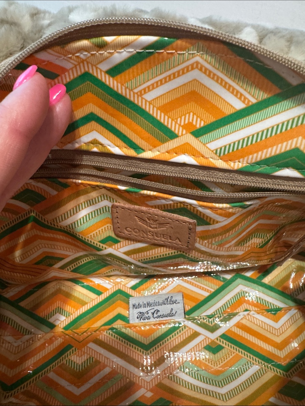 Consuela Chevron-Print Cosmetic Pouch in Green, Yellow and Orange size Lg 9.5w - Picture 3 of 5